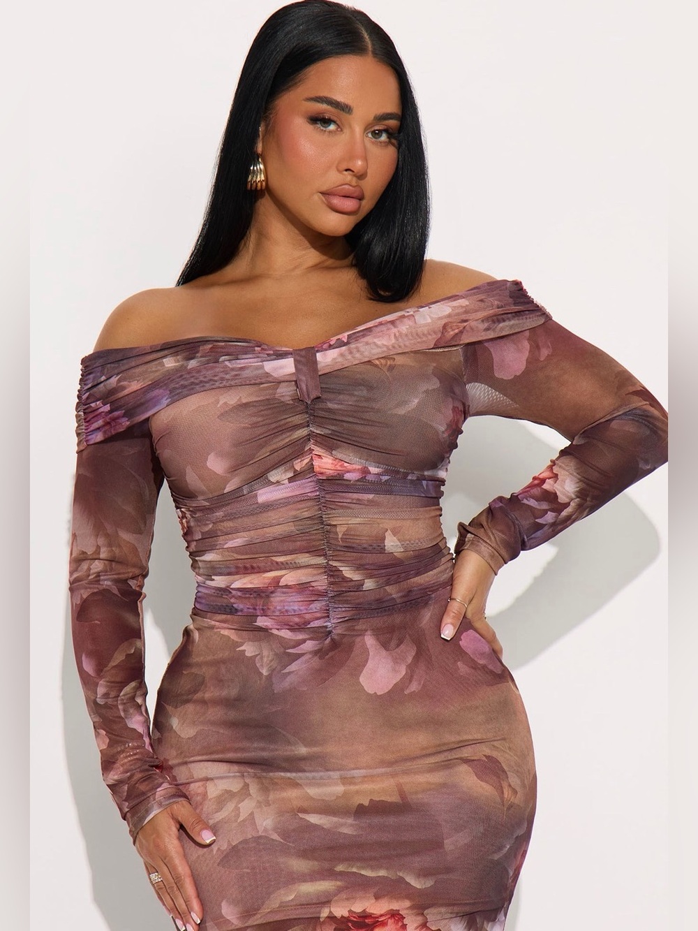 Fashion Nova Off-Shoulder Floral Midi Dress in Brown and Pink - Picture 2 of 5